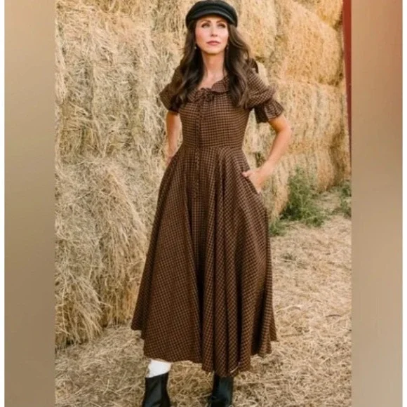 Ivy City Co Maple Women's Brown Gingham Check Midi Dress Size 2 NWT - Picture 1 of 14